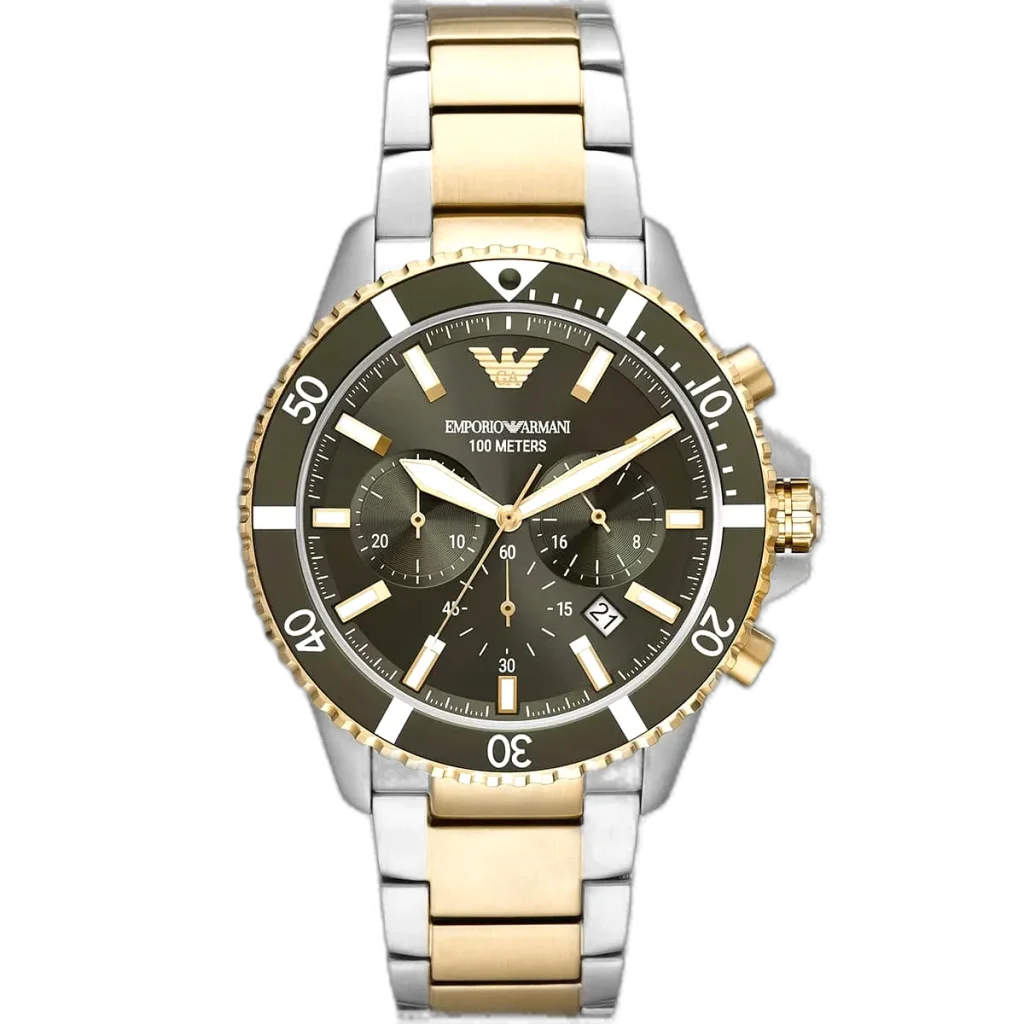 Emporio Armani Diver AR11361 men's chronograph watch with a green dial and a two-toned silver and gold stainless steel strap.