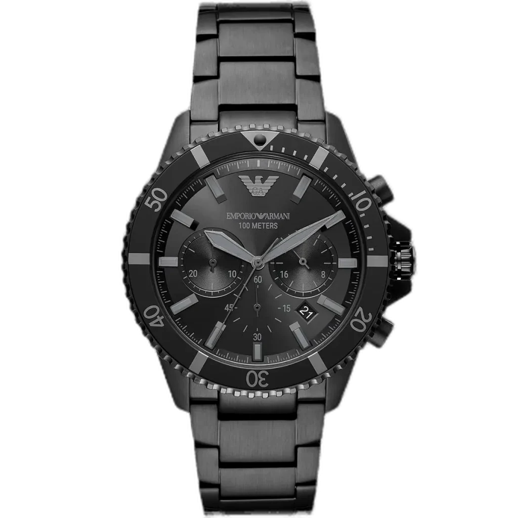 Emporio Armani Diver AR11363 men's chronograph watch with an all-black stainless steel case and strap.
