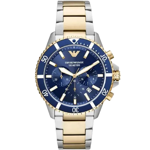Emporio Armani Diver AR11362 men's chronograph watch with a blue dial and a two-toned silver and gold stainless steel strap.