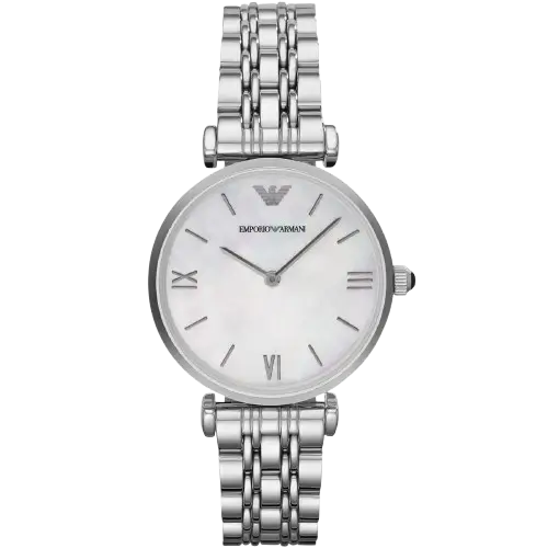 Emporio Armani Gianni T-Bar AR1682 women's watch with a white dial and a silver-toned stainless steel strap.