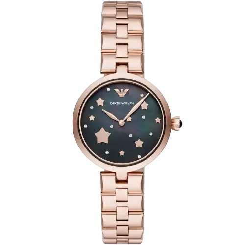 Emporio Armani Arianna AR11197 women's watch with a black dial and a rose gold-toned stainless steel mesh strap.