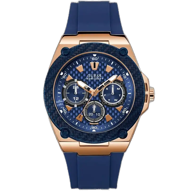 Guess Legacy W1049G2 men's multi-function watch, with a silver stainless steel case, blue dial, and a blue silicone rubber strap.