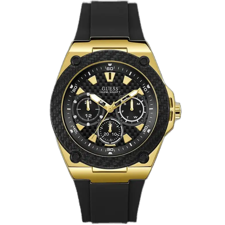 Guess Legacy W1049G5 men's multi-function watch, with a black-plated stainless steel case, black dial, and a black silicone rubber strap.