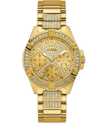 Guess W1156L2 ladies watch, gold-tone stainless steel bracelet, 40mm round case, crystal-set bezel, gold multi-function dial.