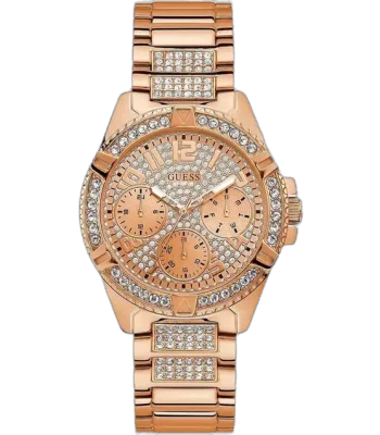 Guess W1156L3 ladies watch, rose gold-tone stainless steel bracelet, 40mm round case, crystal-set bezel, rose gold multi-function dial.