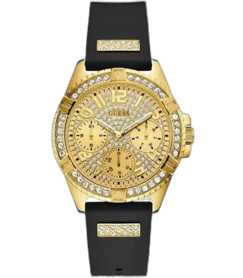 Guess W1160L1 ladies watch, black rubber strap, 40mm round gold-tone case, crystal-set bezel, black multi-function dial.
