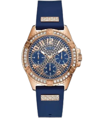 ساعة جيس W1160L3 نسائية، سوار مطاط أزرق، علبة دائرية 40 ملم مطلية بالذهبي الوردي، إطار مرصع بالكريستال، مينا أزرق متعدد الوظائف.