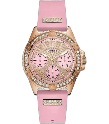 Guess W1160L5 ladies watch, pink rubber strap, 40mm round rose gold-tone case, crystal-set bezel, pink multi-function dial.