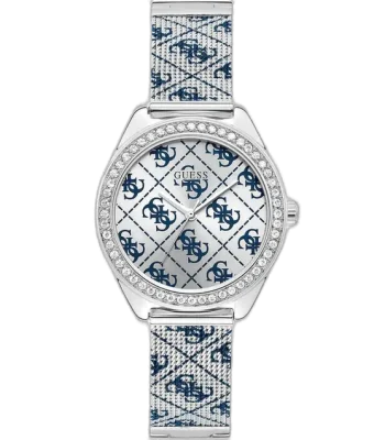Guess W1279L1 women's watch, silver stainless steel bracelet and case, 36.5mm round, crystal-set bezel, silver dial with Guess logo pattern.