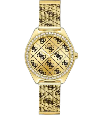 Guess W1279L2 women's watch, gold stainless steel bracelet and case, 36.5mm round, crystal-set bezel, gold dial with Guess logo pattern.