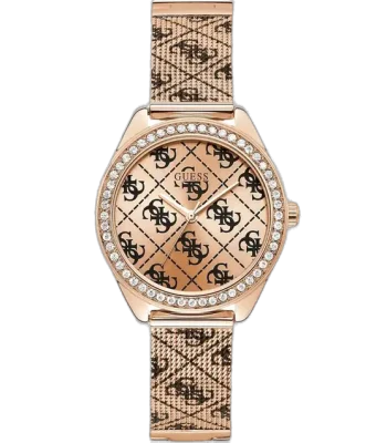 Guess W1279L3 women's watch, rose gold stainless steel bracelet and case, 36.5mm round, crystal-set bezel, rose gold dial with Guess logo pattern.