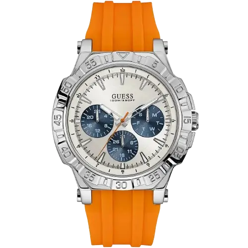 Guess Turbo W0966G1 men's multi-function watch, with a silver stainless steel case, bright white dial, and a vibrant orange silicone rubber strap.